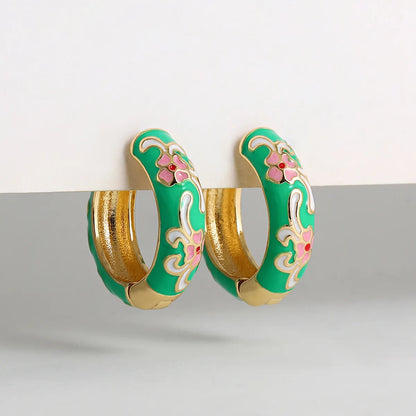 1 Pair Cute Bohemian Sweet Printing Flower Enamel Copper Hoop Earrings