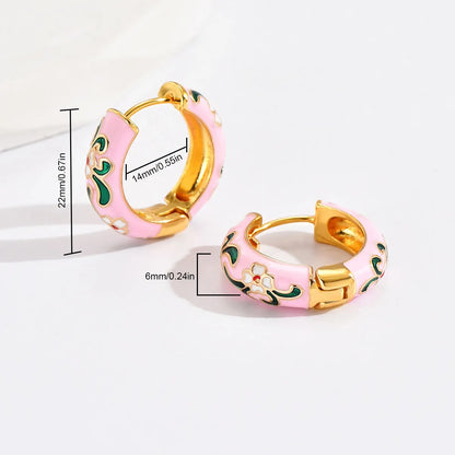 1 Pair Cute Bohemian Sweet Printing Flower Enamel Copper Hoop Earrings