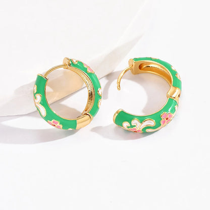 1 Pair Cute Bohemian Sweet Printing Flower Enamel Copper Hoop Earrings