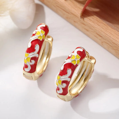 1 Pair Cute Bohemian Sweet Printing Flower Enamel Copper Hoop Earrings