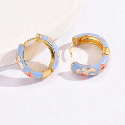 1 Pair Cute Bohemian Sweet Printing Flower Enamel Copper Hoop Earrings