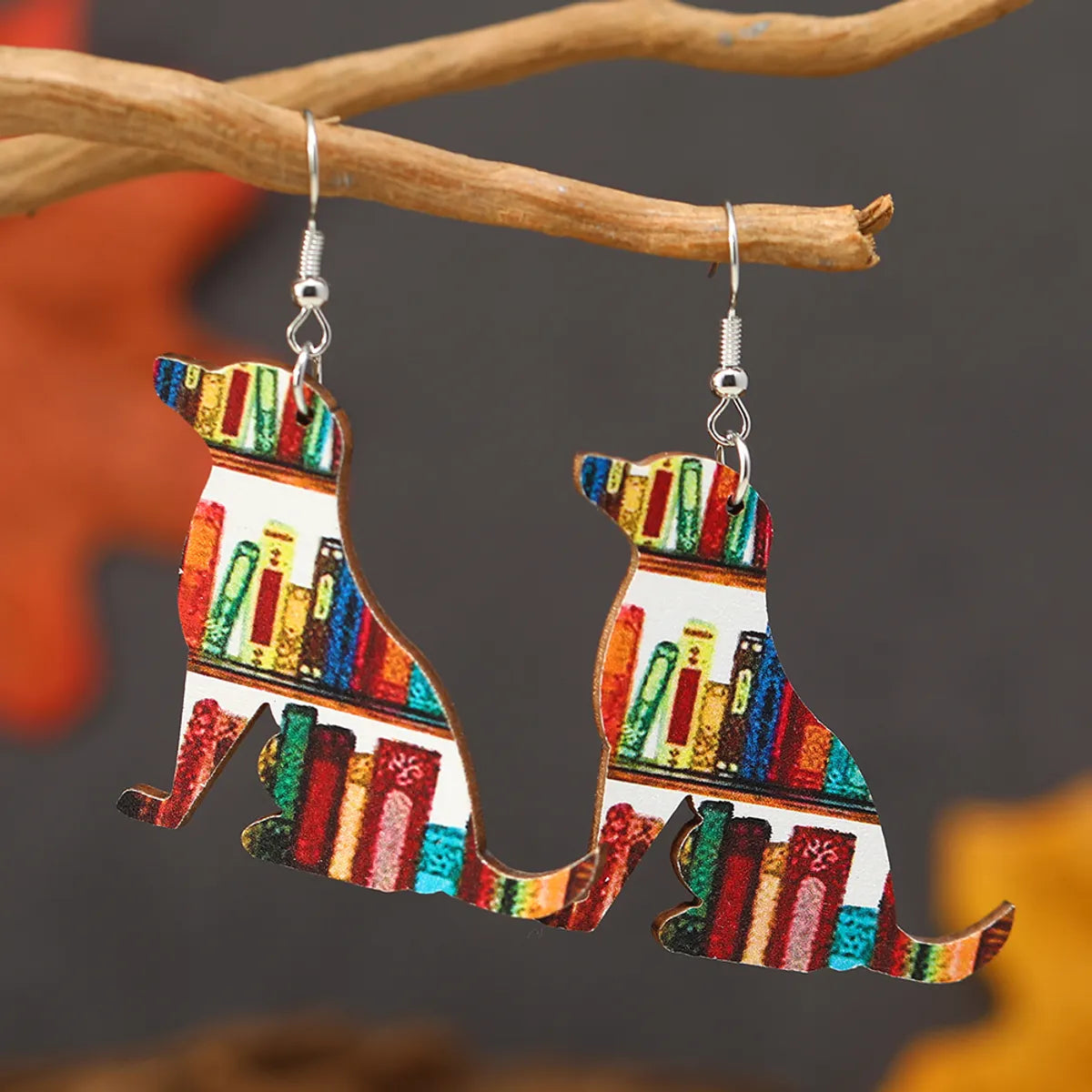 1 Pair Cute Book Animal Wood Silver Plated Drop Earrings