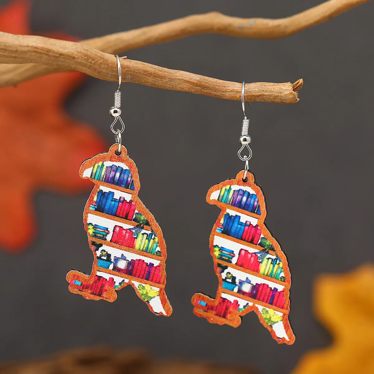 1 Pair Cute Book Animal Wood Silver Plated Drop Earrings