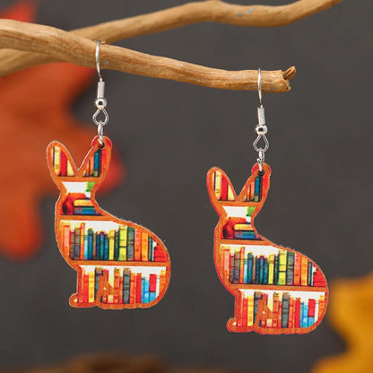 1 Pair Cute Book Animal Wood Silver Plated Drop Earrings