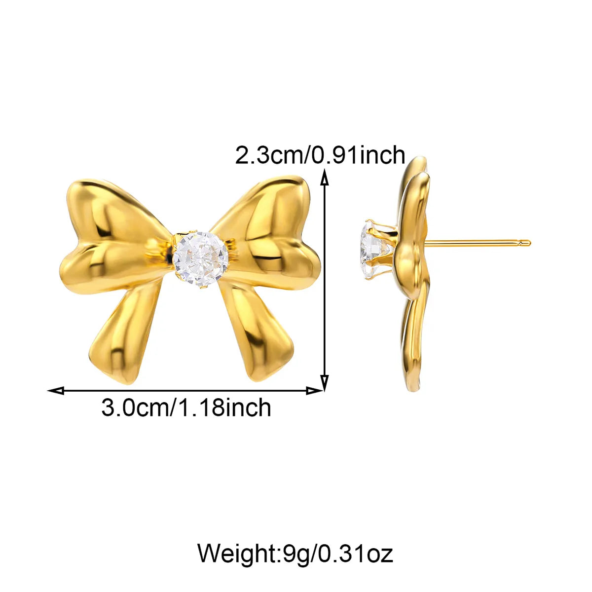 1 Pair Cute Bow Knot Plating Inlay 304 Stainless Steel Zircon 18K Gold Plated Ear Studs