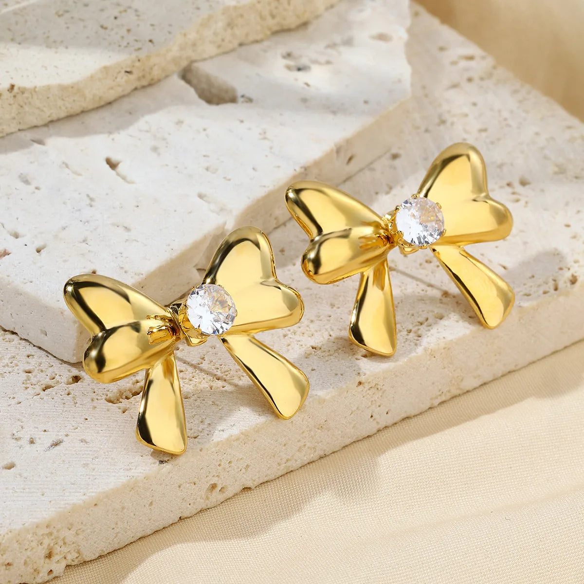 1 Pair Cute Bow Knot Plating Inlay 304 Stainless Steel Zircon 18K Gold Plated Ear Studs