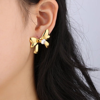 1 Pair Cute Bow Knot Plating Inlay 304 Stainless Steel Zircon 18K Gold Plated Ear Studs