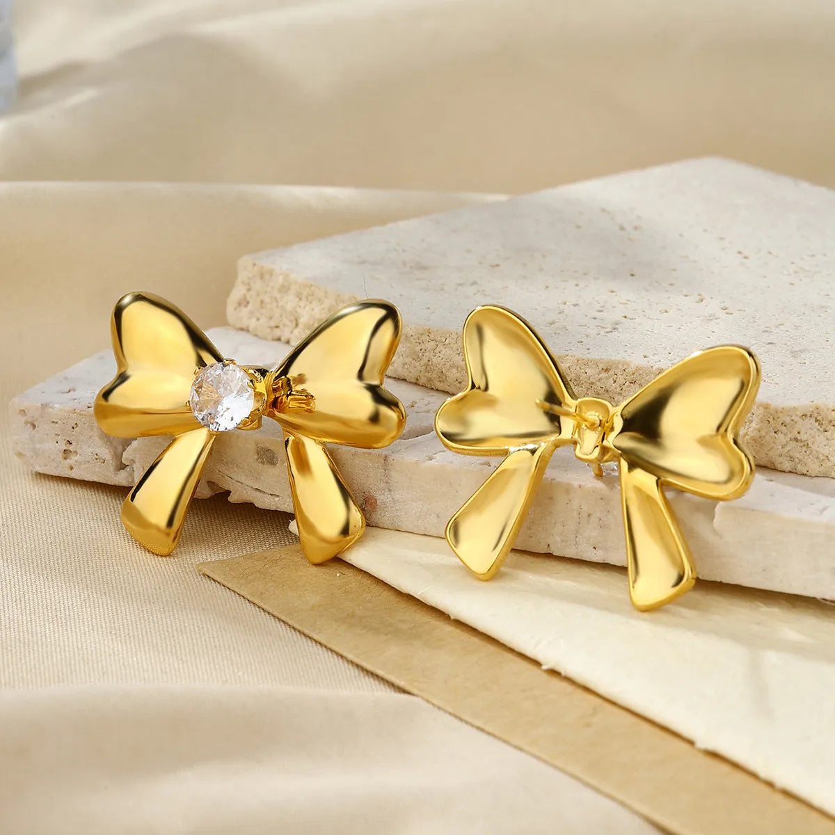 1 Pair Cute Bow Knot Plating Inlay 304 Stainless Steel Zircon 18K Gold Plated Ear Studs