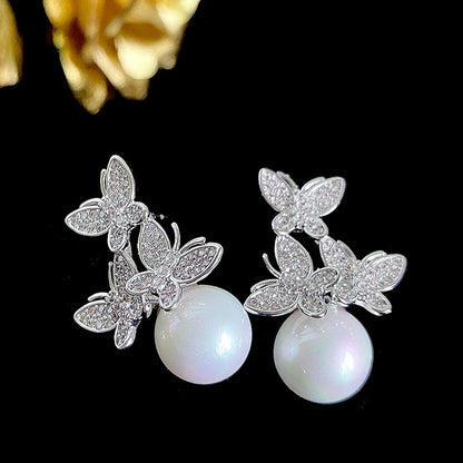 1 Pair Cute Butterfly Inlay Imitation Pearl Copper Zircon Ear Studs