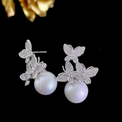 1 Pair Cute Butterfly Inlay Imitation Pearl Copper Zircon Ear Studs