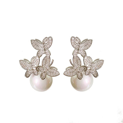 1 Pair Cute Butterfly Inlay Imitation Pearl Copper Zircon Ear Studs