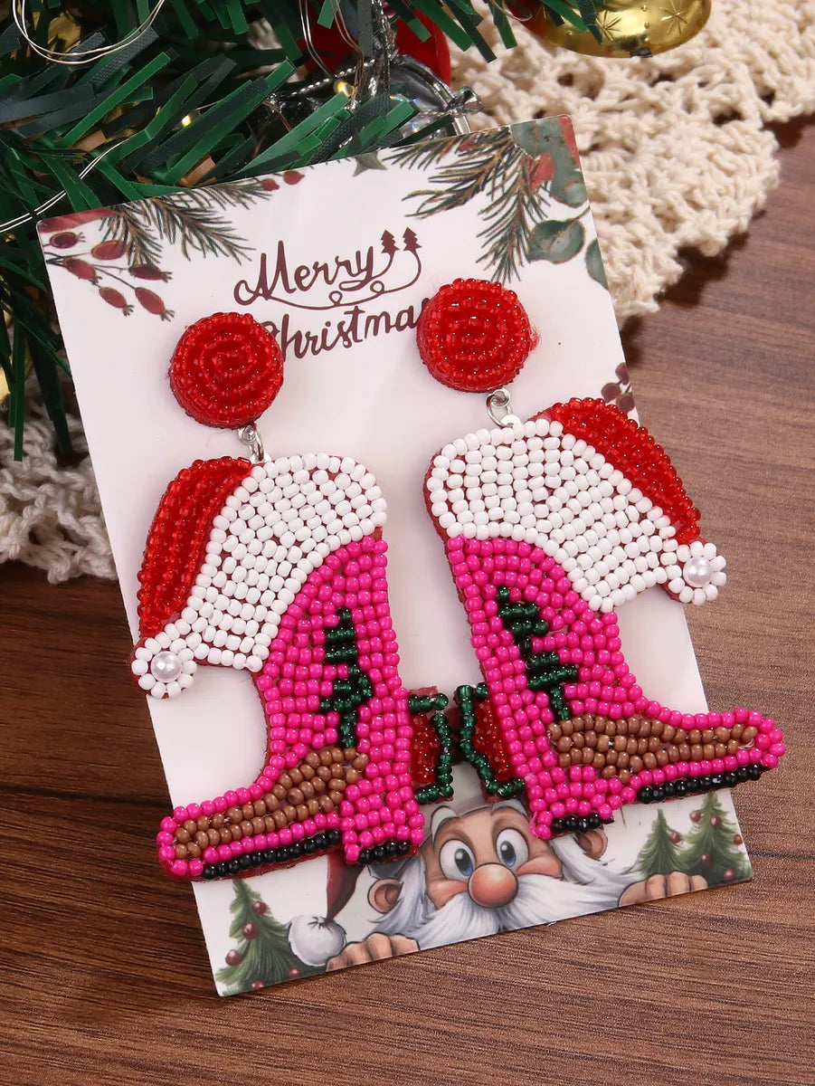 1 Pair Cute Christmas House Santa Claus Beaded Glass Drop Earrings