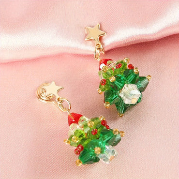 1 Pair Cute Christmas Tree Glass Drop Earrings