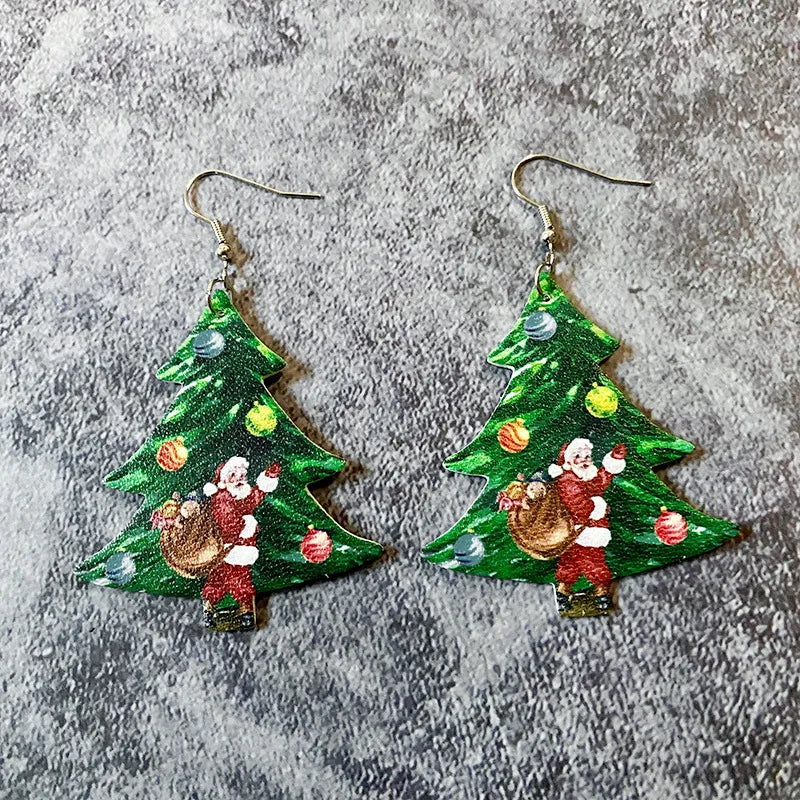 1 Pair Cute Christmas Tree Santa Claus Plaid Pu Leather Iron Drop Earrings