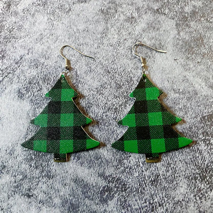 1 Pair Cute Christmas Tree Santa Claus Plaid Pu Leather Iron Drop Earrings