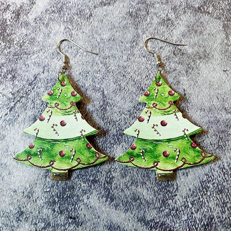 1 Pair Cute Christmas Tree Santa Claus Plaid Pu Leather Iron Drop Earrings