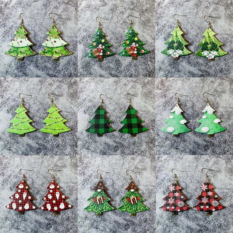 1 Pair Cute Christmas Tree Santa Claus Plaid Pu Leather Iron Drop Earrings