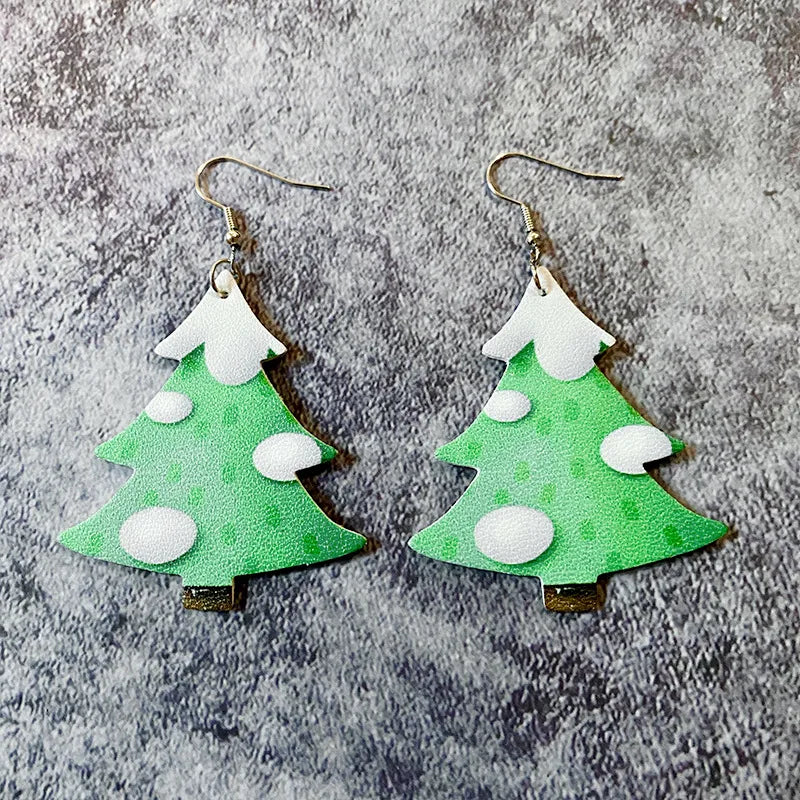 1 Pair Cute Christmas Tree Santa Claus Plaid Pu Leather Iron Drop Earrings