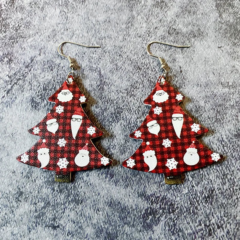 1 Pair Cute Christmas Tree Santa Claus Plaid Pu Leather Iron Drop Earrings