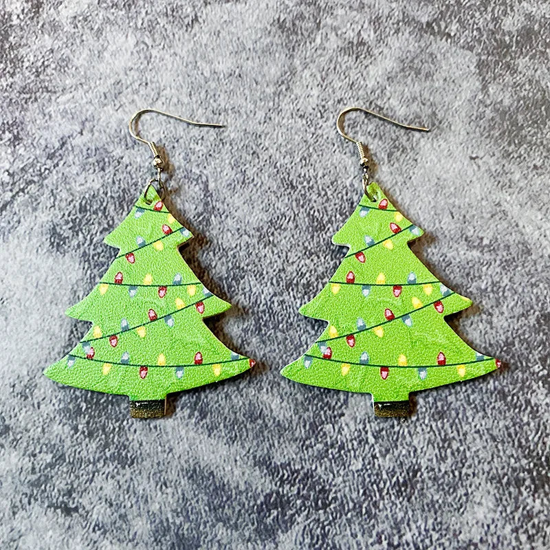 1 Pair Cute Christmas Tree Santa Claus Plaid Pu Leather Iron Drop Earrings