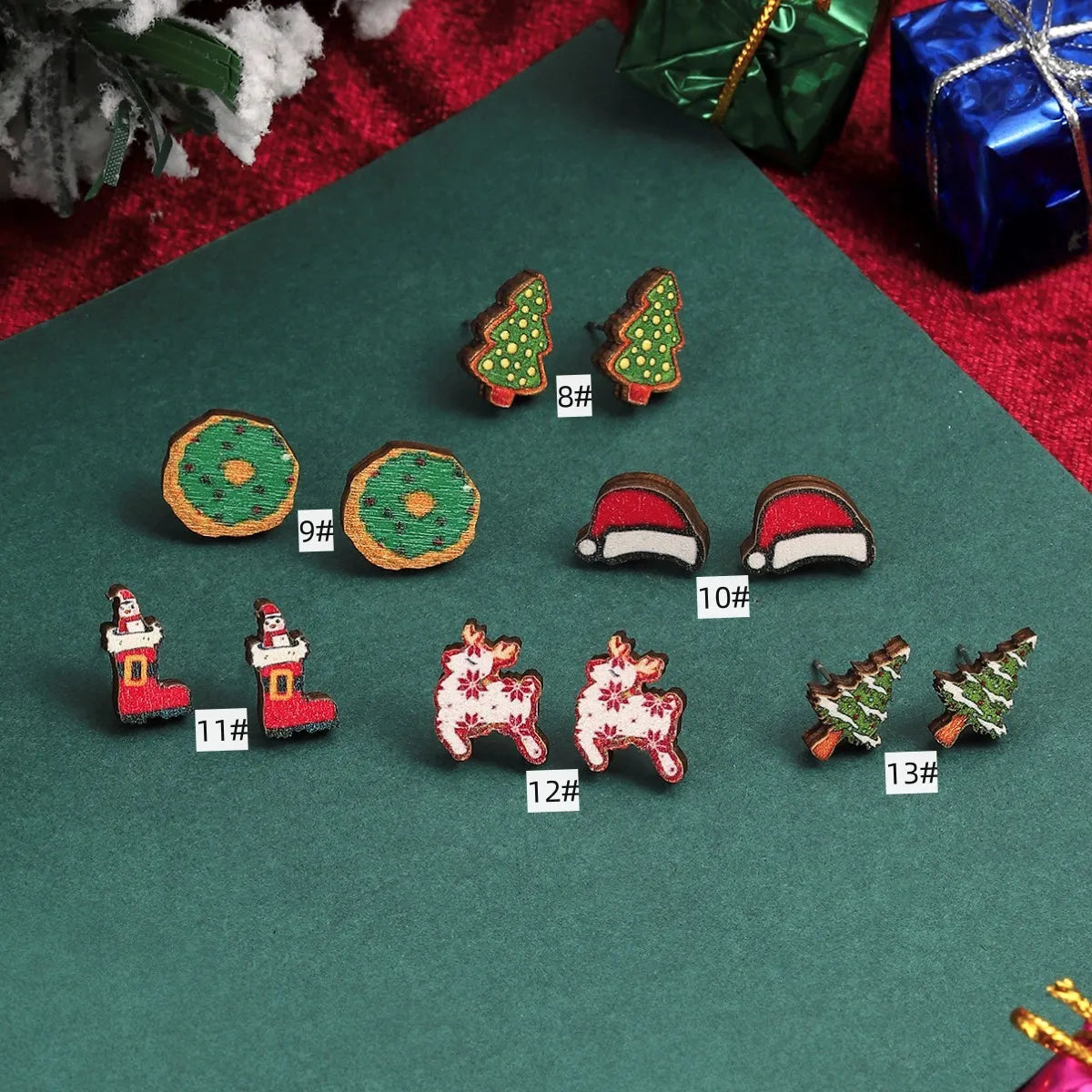 1 Pair Cute Christmas Tree Santa Claus Sock Wood Ear Studs