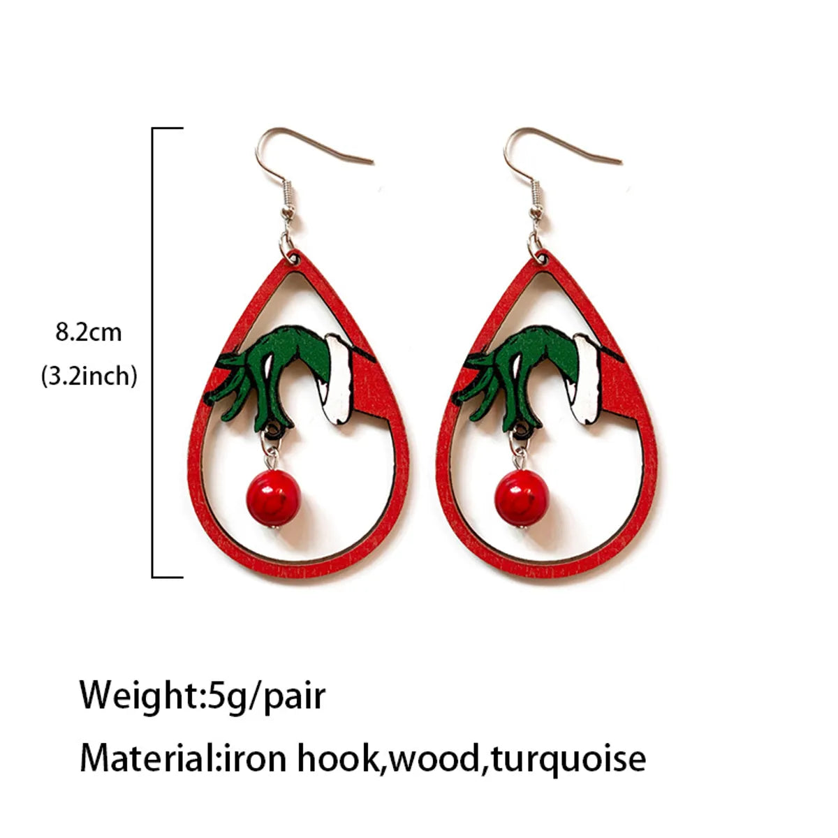 1 Pair Cute Christmas Tree Water Droplets Hollow Out Wood Turquoise Drop Earrings