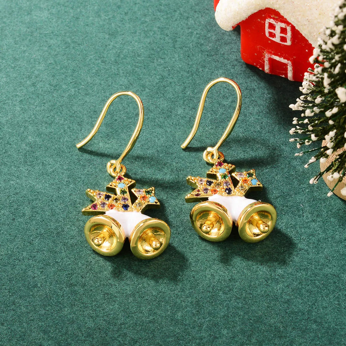 1 Pair Cute Classic Style Christmas Tree Gift Box Bell Inlay Copper Zircon 18K Gold Plated Drop Earrings