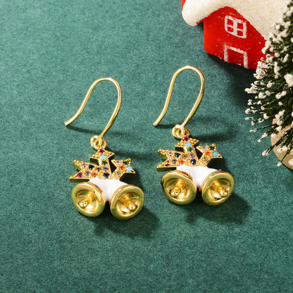 1 Pair Cute Classic Style Christmas Tree Gift Box Bell Inlay Copper Zircon 18K Gold Plated Drop Earrings