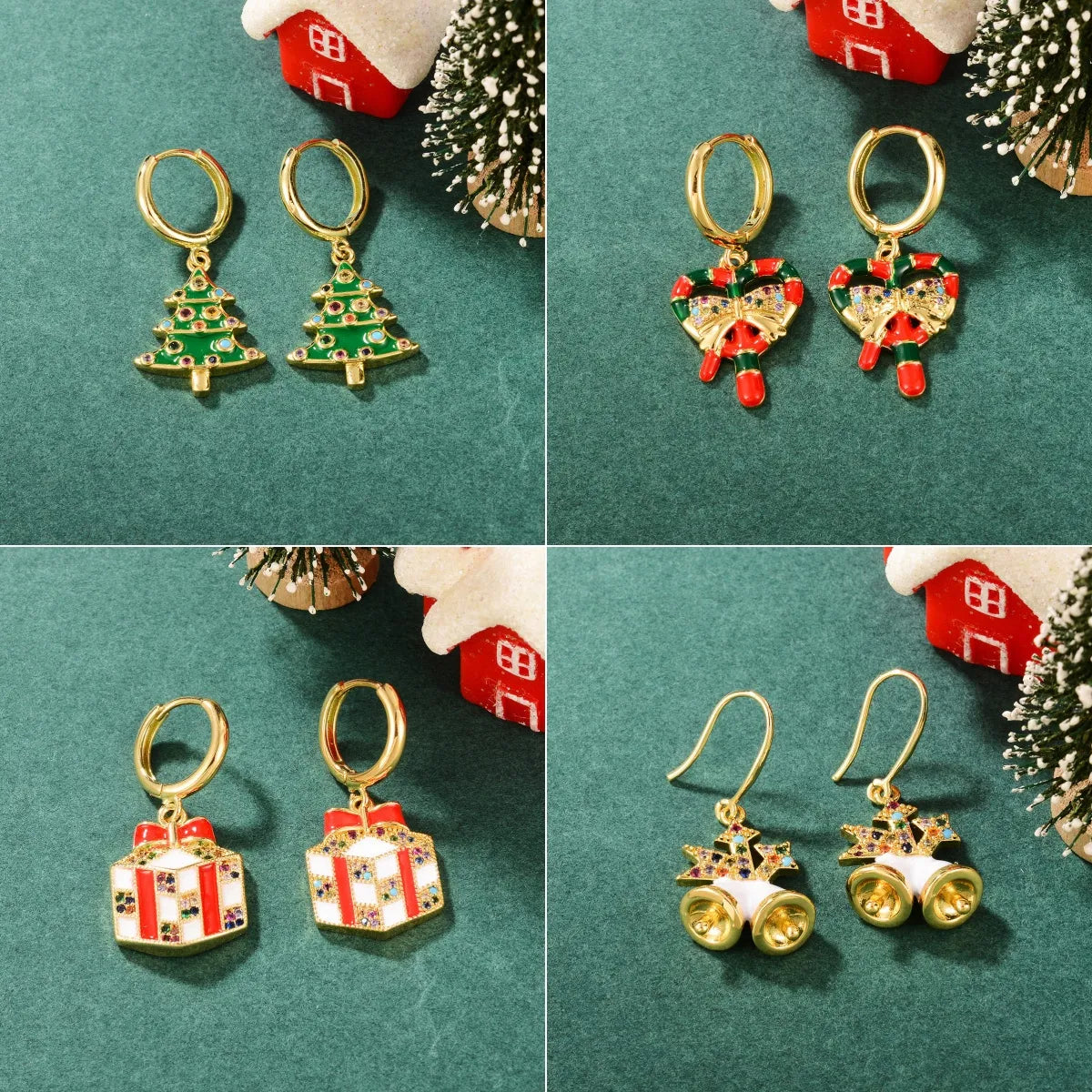 1 Pair Cute Classic Style Christmas Tree Gift Box Bell Inlay Copper Zircon 18K Gold Plated Drop Earrings