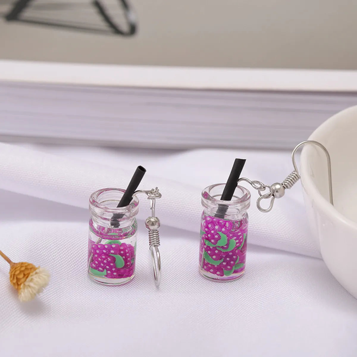 1 Pair Cute Cup Fruit Epoxy Plating Glass Silver Plated Drop Earrings