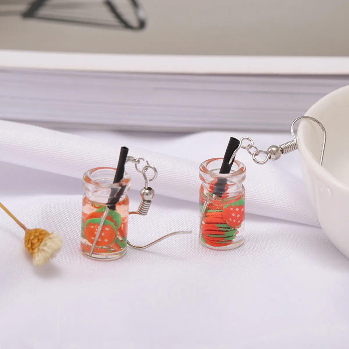 1 Pair Cute Cup Fruit Epoxy Plating Glass Silver Plated Drop Earrings