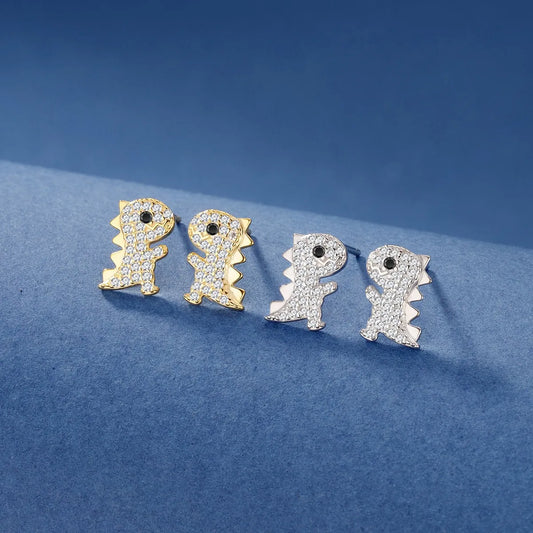 1 Pair Cute Dinosaur Inlay Sterling Silver Zircon Ear Studs