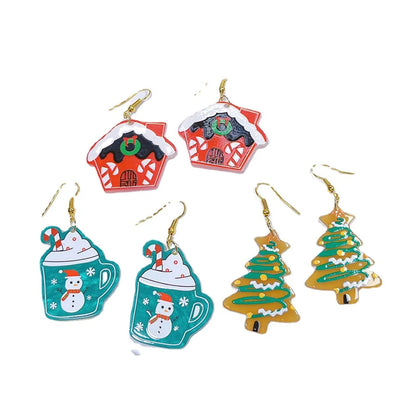 1 Pair Cute Ethnic Style Cartoon Character Christmas House Snowman Printing Arylic Drop Earrings