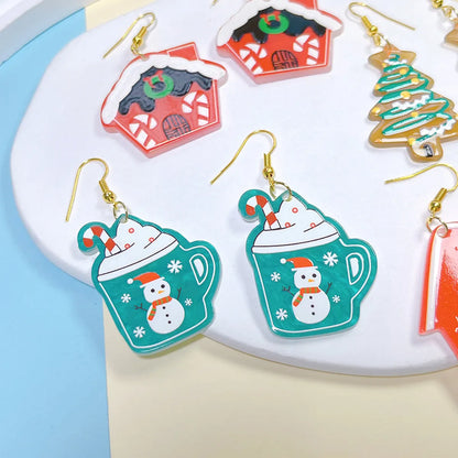 1 Pair Cute Ethnic Style Cartoon Character Christmas House Snowman Printing Arylic Drop Earrings