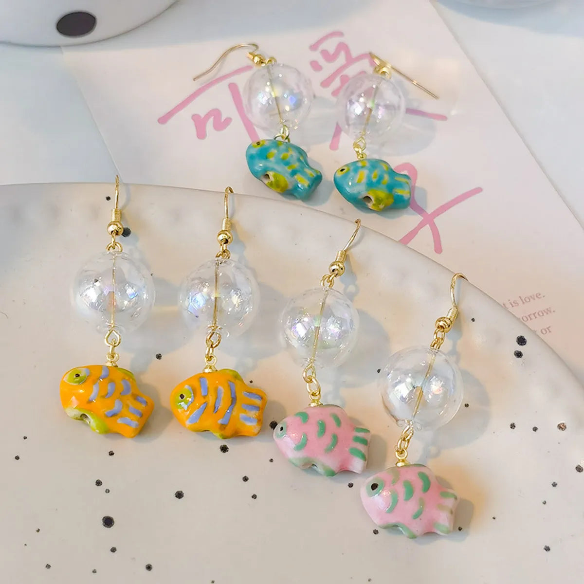 1 Pair Cute Fish Patchwork Arylic Glass Ceramics Drop Earrings