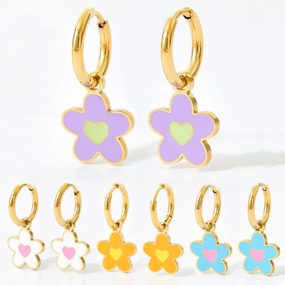 1 Pair Cute Flower Enamel Plating Stainless Steel Drop Earrings