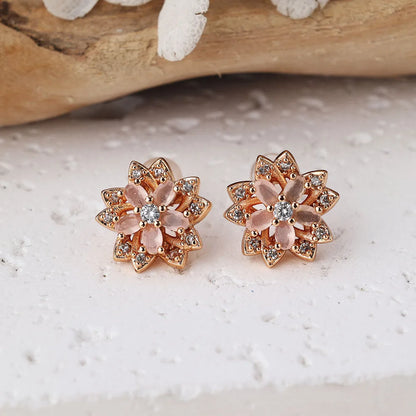 1 Pair Cute Flower Inlay Copper Zircon Rose Gold Plated Ear Studs