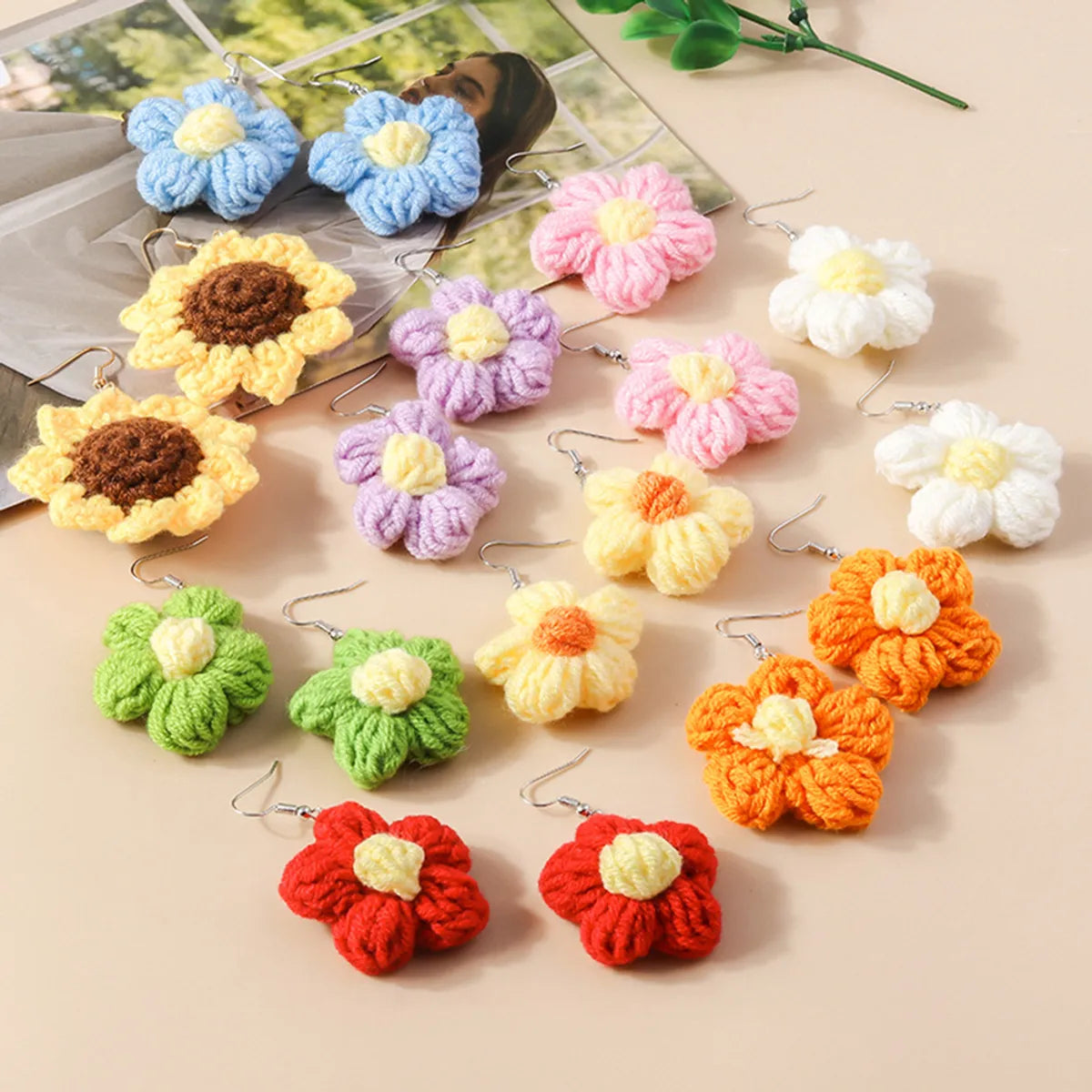 1 Pair Cute Flower Knit Drop Earrings