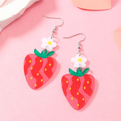 1 Pair Cute Flower Strawberry Painted Arylic Silver Plated Drop Earrings