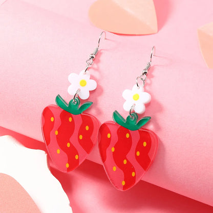 1 Pair Cute Flower Strawberry Painted Arylic Silver Plated Drop Earrings