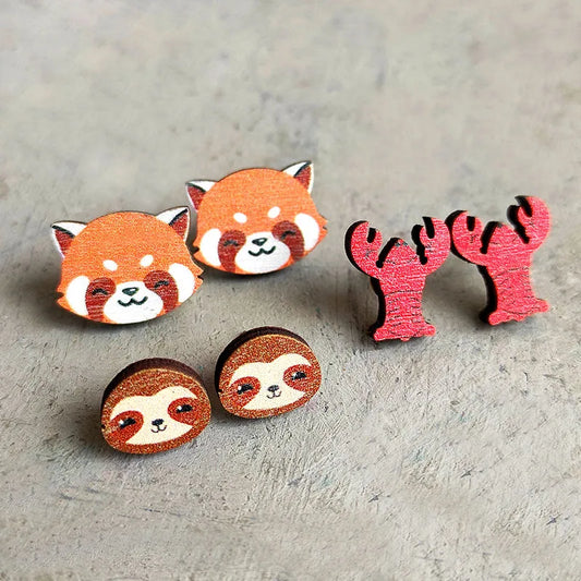 1 Pair Cute Fox Lobster Wood Ear Studs