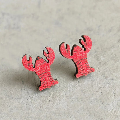 1 Pair Cute Fox Lobster Wood Ear Studs