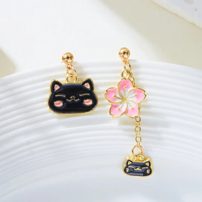 1 Pair Cute Funny Sweet Heart Shape Cat Flower Enamel Inlay Alloy Artificial Pearls Drop Earrings