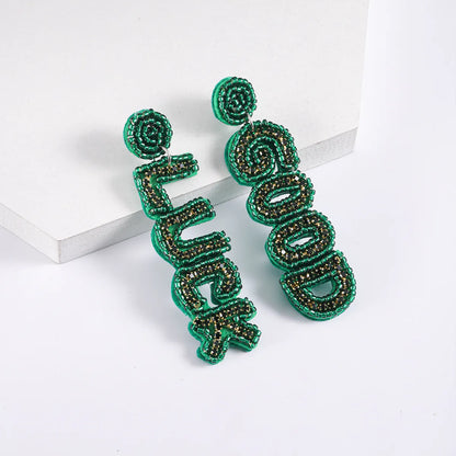 1 Pair Cute Handmade Simple Style Shamrock Letter Beaded Handmade Braid Seed Bead Drop Earrings