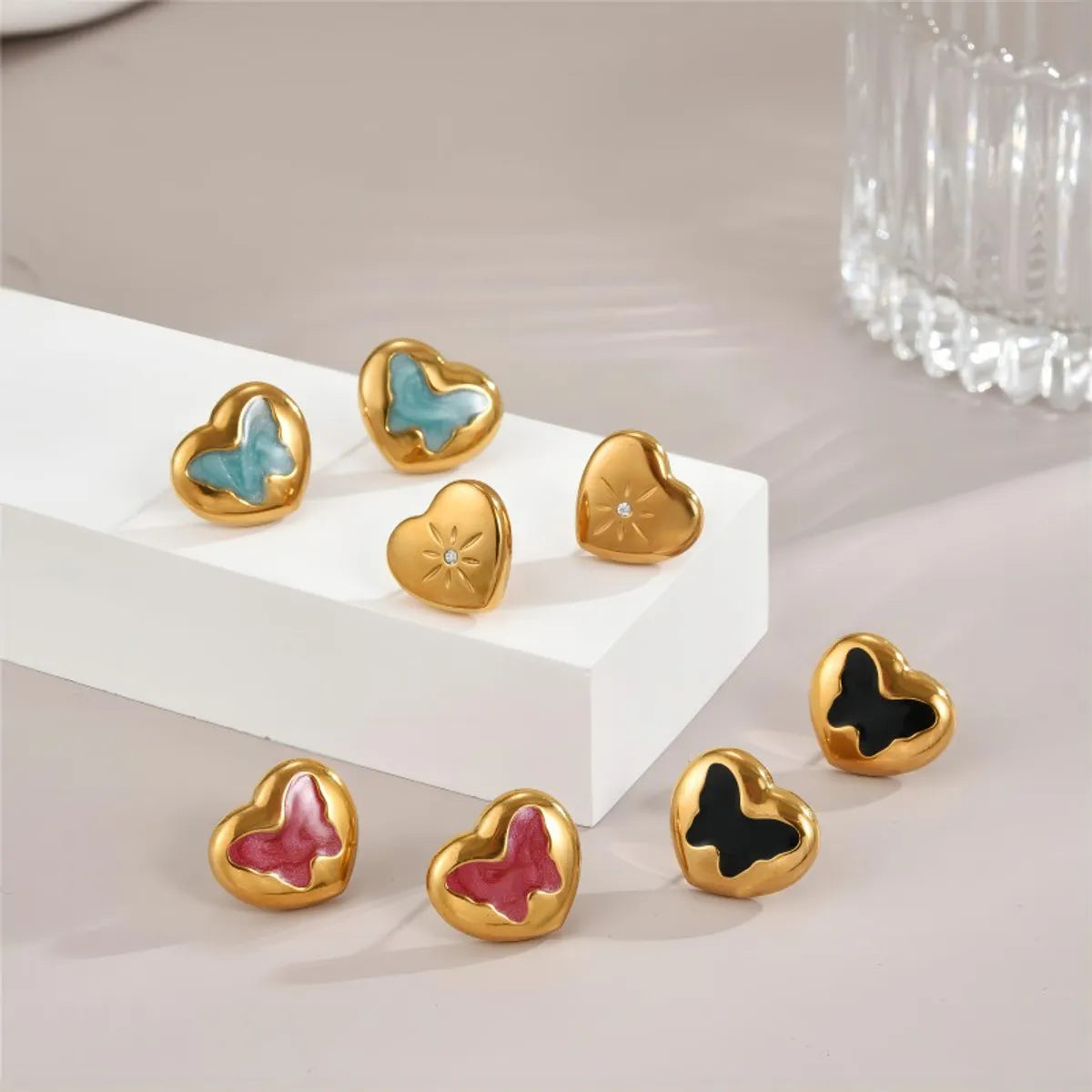 1 Pair Cute Heart Shape Enamel Plating Inlay Stainless Steel Zircon 18k Gold Plated Ear Studs