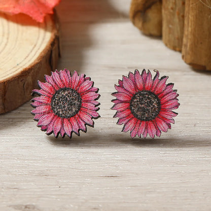 1 Pair Cute Heart Shape Flower Umbrella Painted Plating Wood Silver Plated Ear Studs