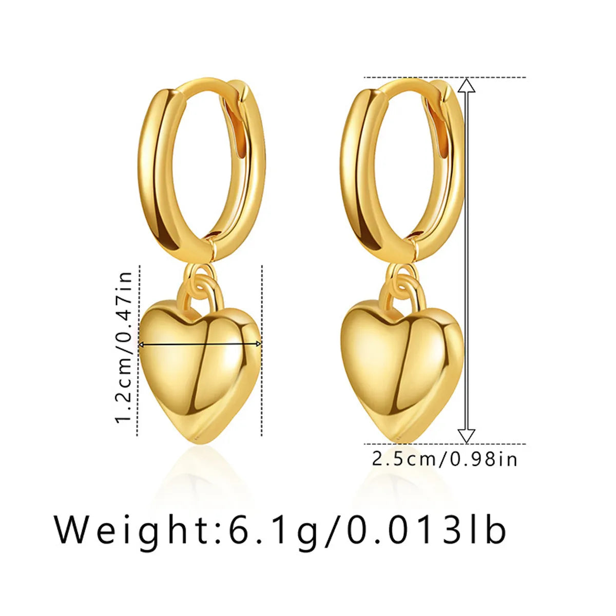 1 Pair Cute Heart Shape Solid Color Plating Copper 18k Gold Plated Drop Earrings