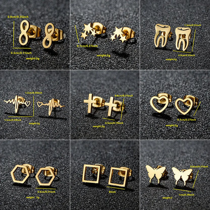 1 Pair Cute Japanese Style Cross Heart Shape Butterfly Hollow Out 304 Stainless Steel 18K Gold Plated Ear Studs