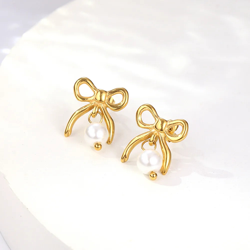 1 Pair Cute Korean Style Bow Knot 304 Stainless Steel 18K Gold Plated Drop Earrings