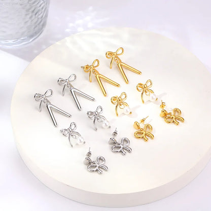 1 Pair Cute Korean Style Bow Knot 304 Stainless Steel 18K Gold Plated Drop Earrings